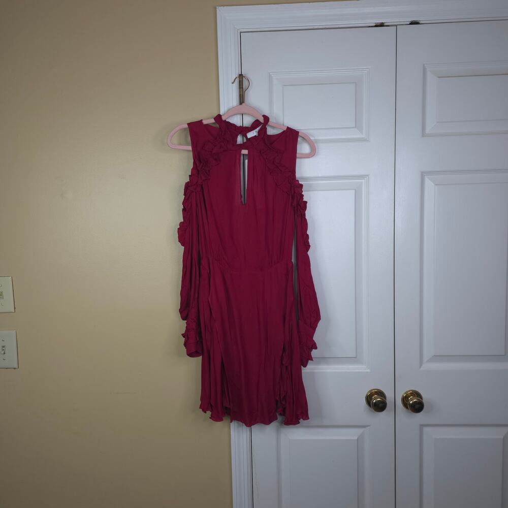 IRO Hanie Ruffle Cold Shoulder Mini Dress in Wine Size FR34/US2